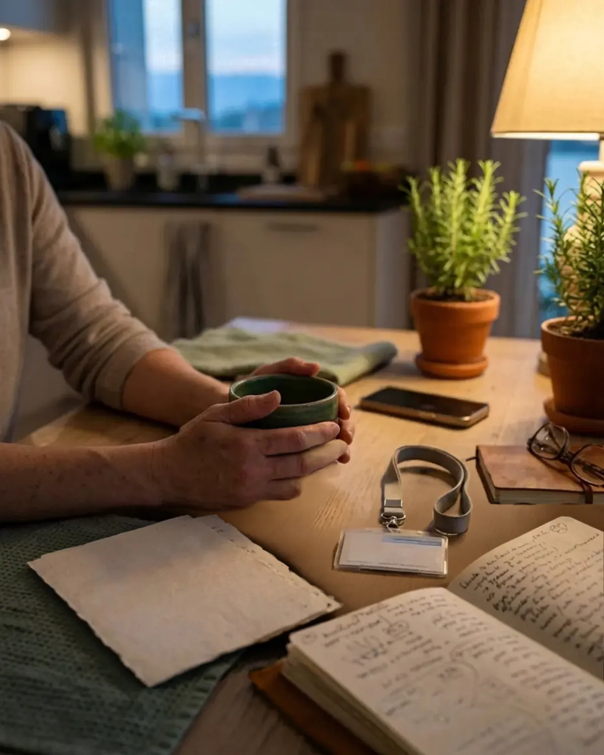 Des mains fatiguées autour d'une tasse de café froid, sur une table encombrée de notes, en fin de journée.