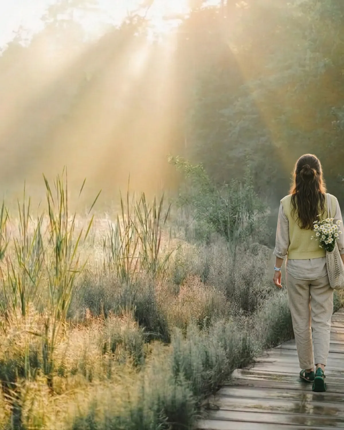 Une femme de dos marche sur un chemin de planches à travers les herbes hautes, un bouquet de marguerites dans son sac, dans les rayons du soleil du matin.