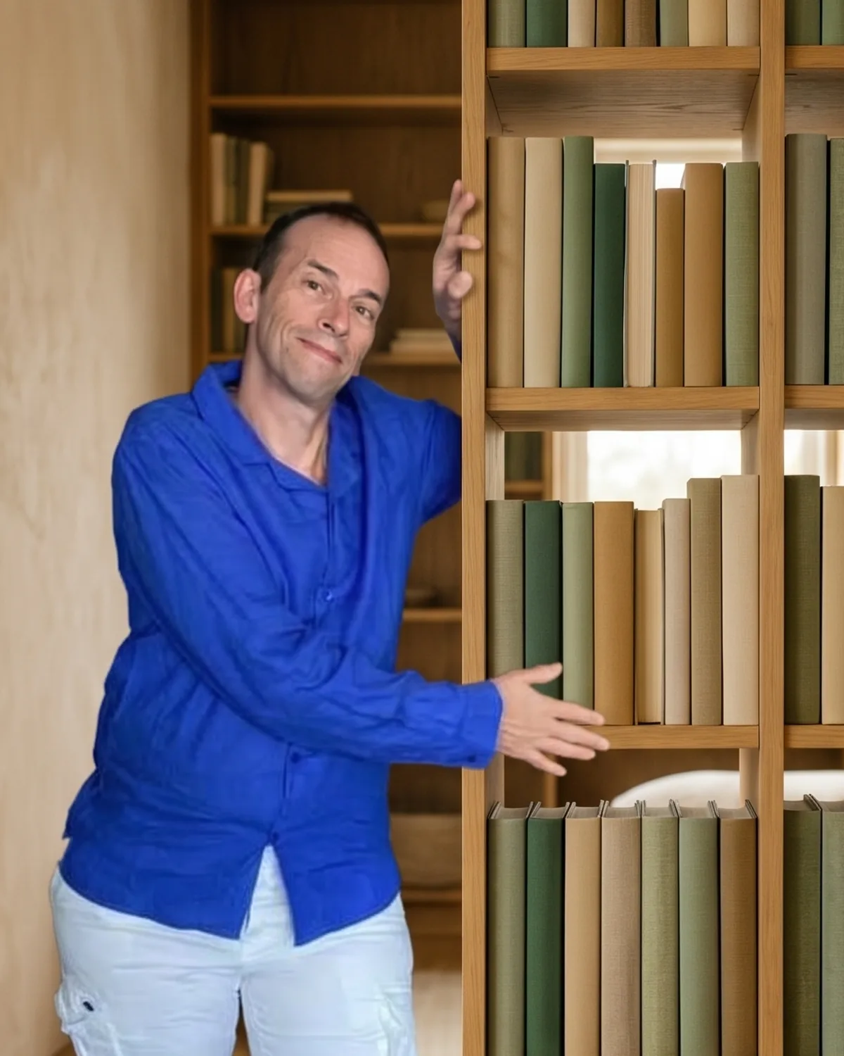 Vincent Vocat, souriant, appuyé contre une bibliothèque en bois clair.