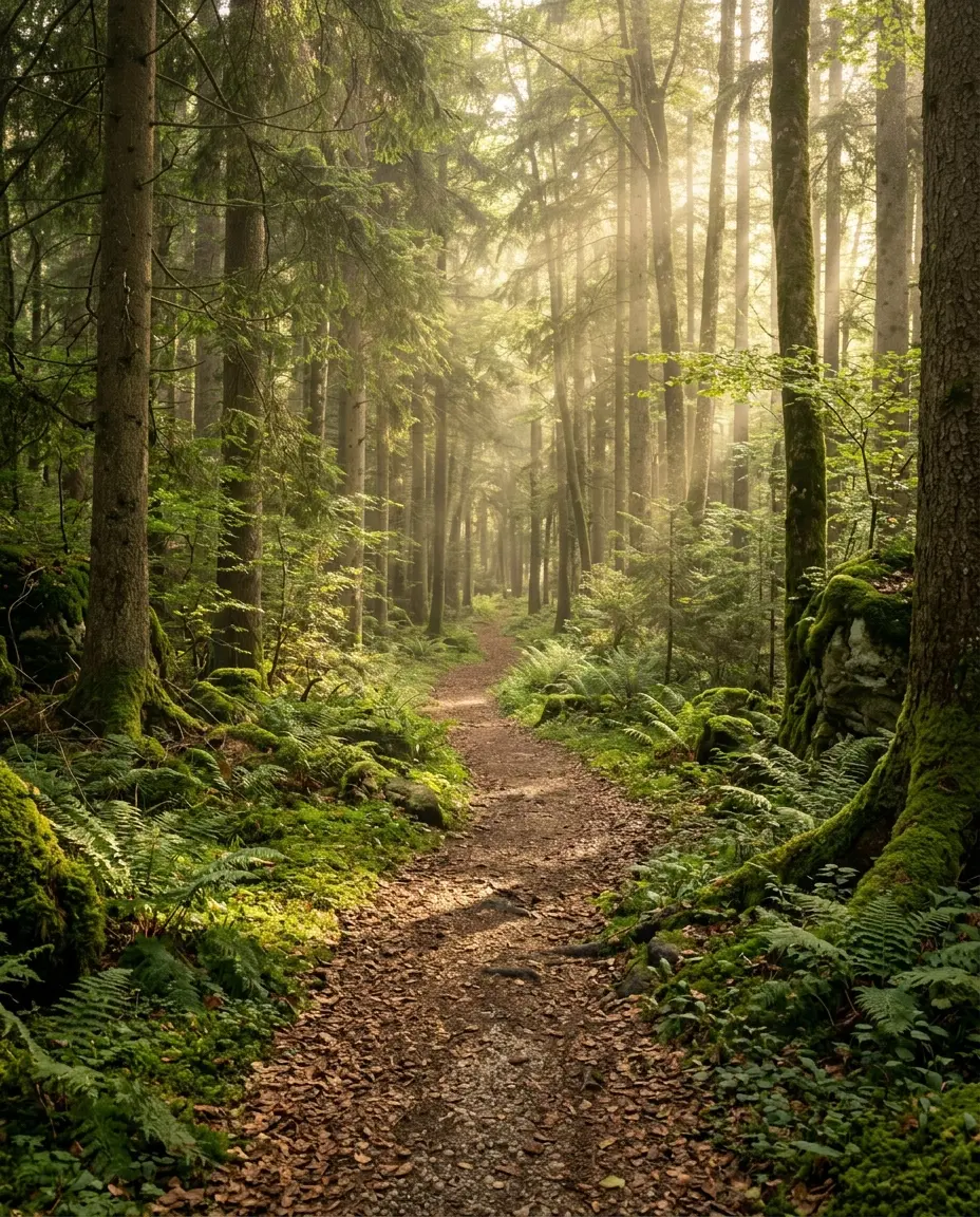 Un sentier forestier sinueux entre les fougères et les pierres moussues, dans la lumière douce du matin.