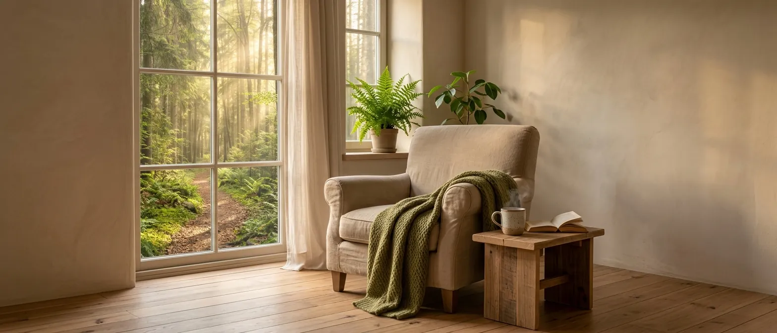 Un fauteuil en lin vide avec un plaid vert, près d'une grande fenêtre ouverte sur la forêt, une tasse fumante posée à côté.