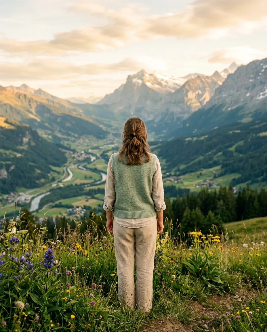 Une femme de dos, debout dans une prairie fleurie, contemple une vallée alpine dans la lumière dorée du soir.