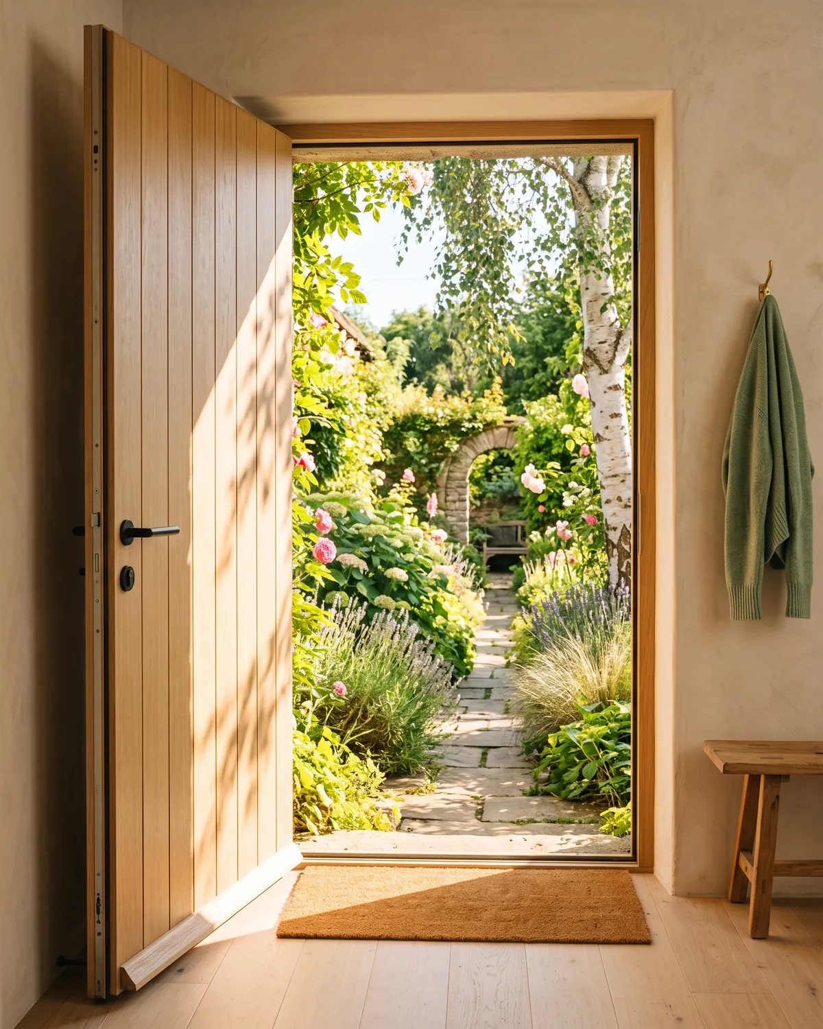 Une porte d'entrée en chêne grande ouverte sur un jardin fleuri baigné de lumière, un gilet vert accroché au mur de l'entrée.