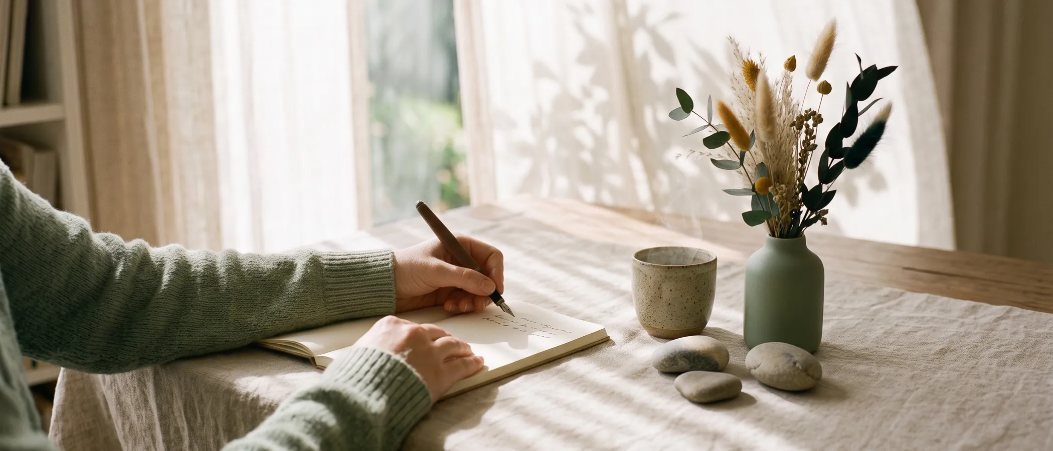 Des mains écrivent dans un carnet sur une table en lin baignée de lumière, près d'une tasse fumante et d'un vase de fleurs séchées.