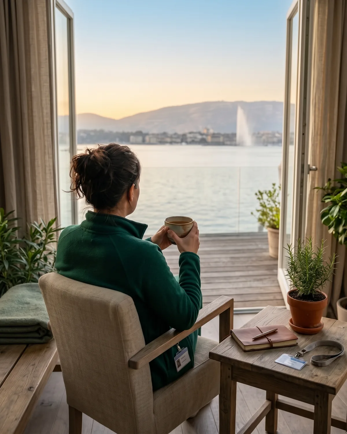 Une femme de dos, assise dans un fauteuil, savoure une boisson chaude face au lac Léman et au jet d'eau, dans la lumière du lever du soleil.